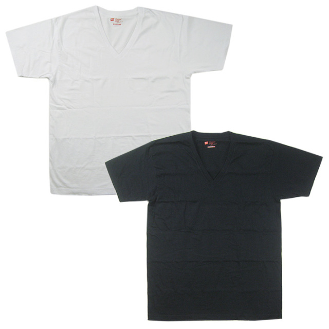 HANES ジャパンフィット 5.3oz VネックTシャツ ブラック/ホワイト 2枚