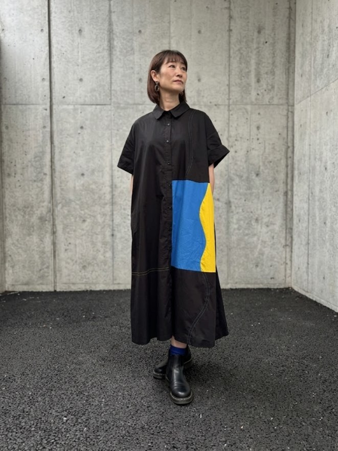 配色 ステッチ 半袖 ロング シャツ ワンピース