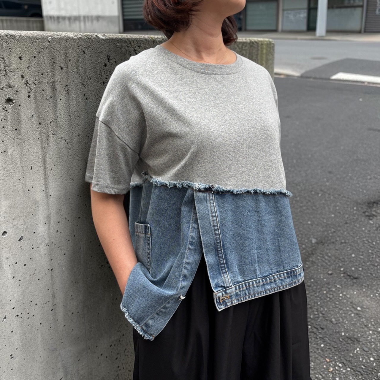 異素材切り替え イレギュラー ヘム デニム パンツ ドッキング プルオーバー 半袖 トップ
