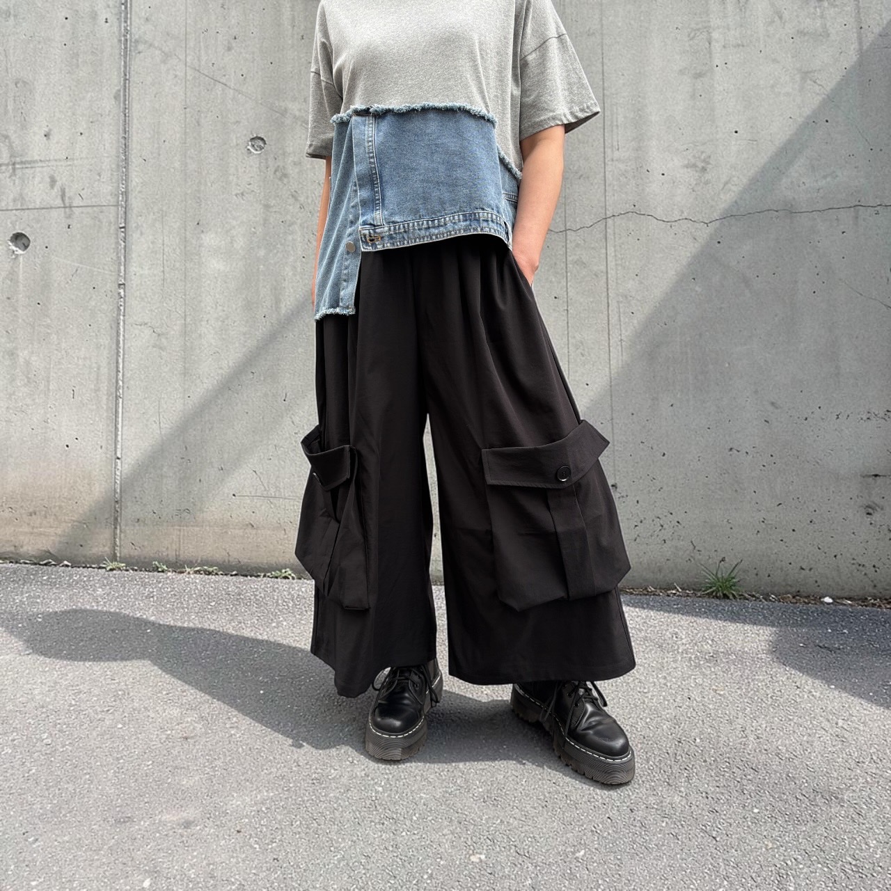 裾ポケット カーゴ ワイド ストレート スベスベ パンツ