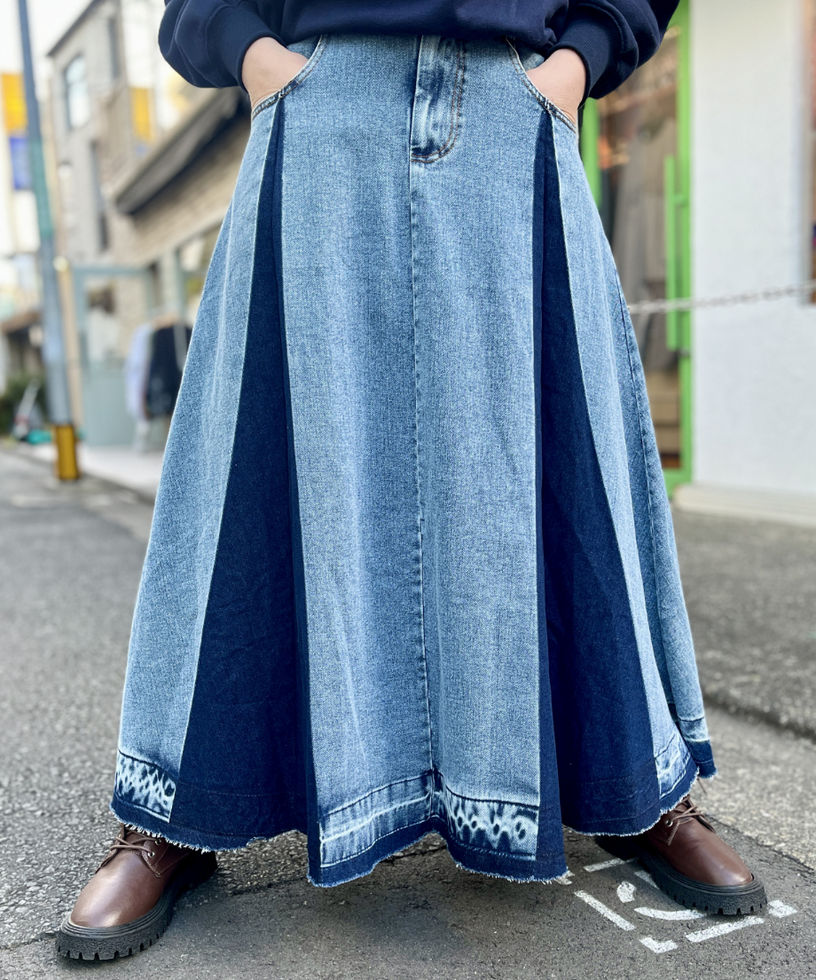 配色 ウォッシュ 切替 フレア ロング デニム スカート