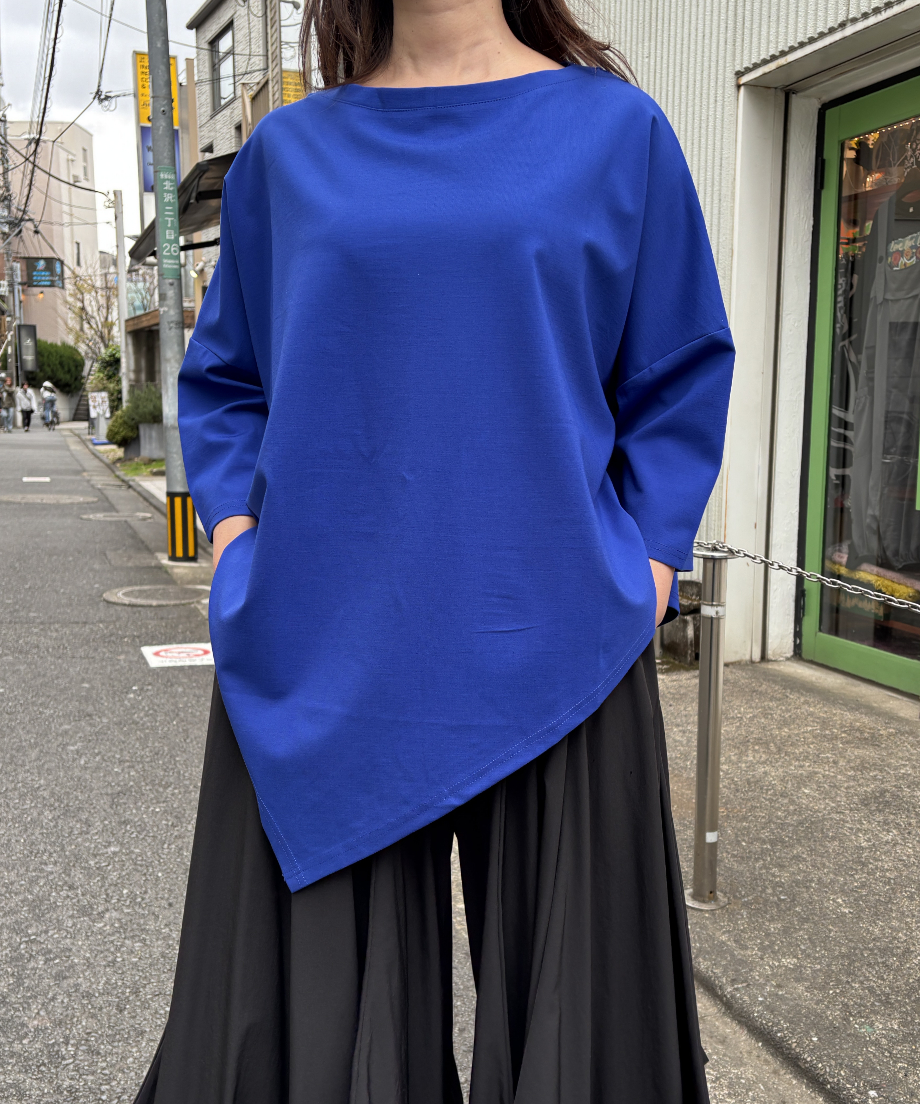 アシンメトリー ヘム 7分袖 ジャージ カットソー トップ