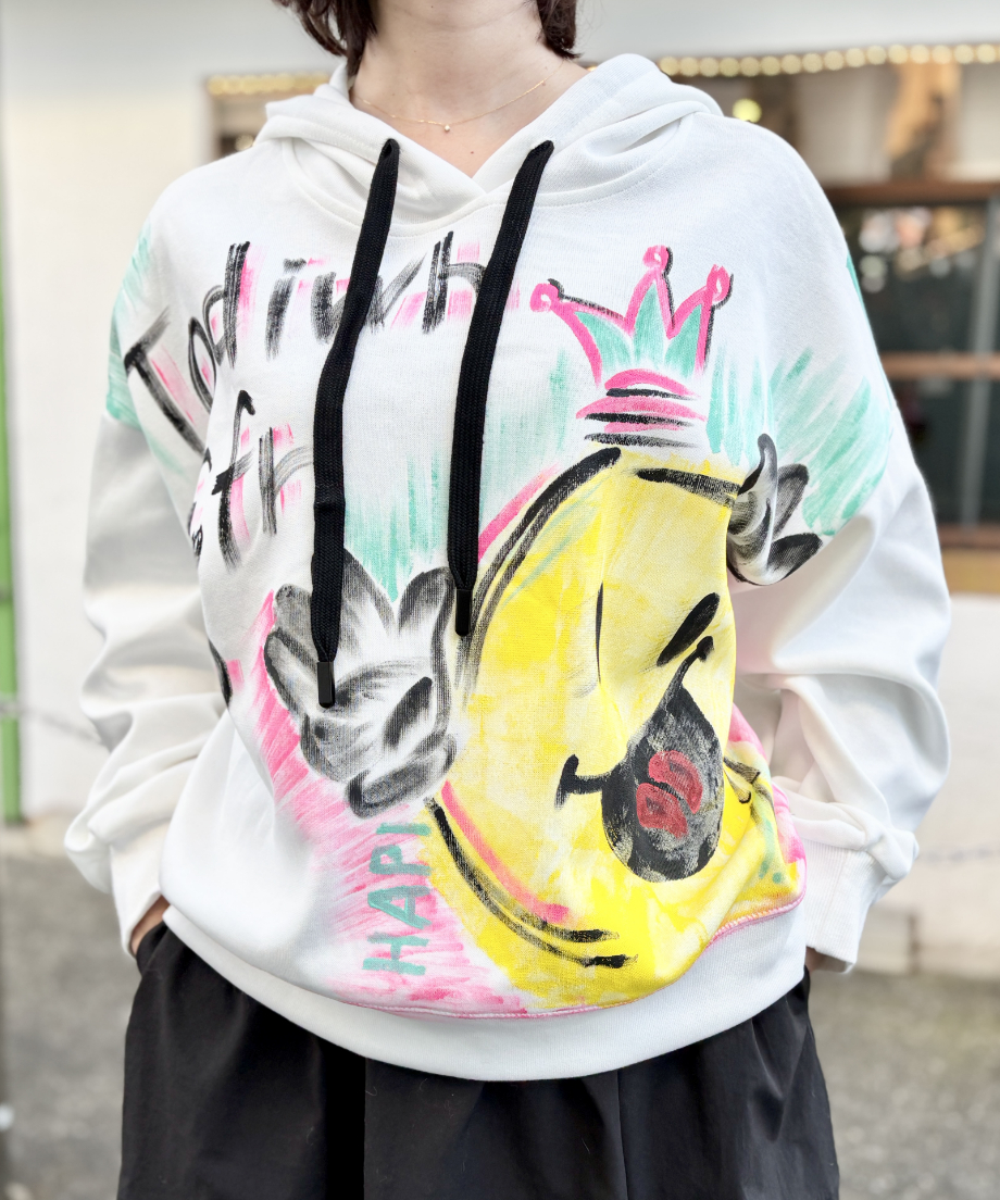 手描き風 ニコちゃん プリント フーディ プルオーバー パーカー トップ
