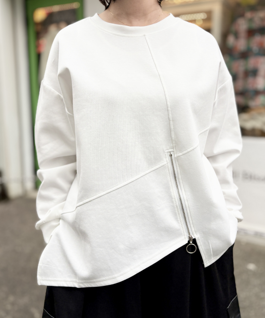 スッキリ アシンメトリー ヘム ジップ 長袖 カットソー トップ