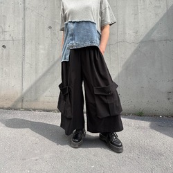 裾ポケット カーゴ ワイド ストレート スベスベ パンツ