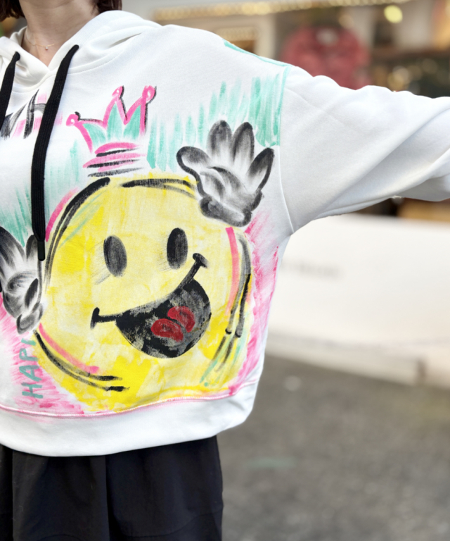 手描き風 ニコちゃん プリント フーディ プルオーバー パーカー トップ