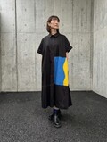 配色 ステッチ 半袖 ロング シャツ ワンピース