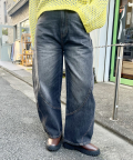 ウォッシュド ブラック デニム 切り替え ボリューム カーブ パンツ