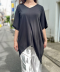 Vネック 切替 アシンメトリー ヘム 半袖 ジャージ カットソー トップ ブラック