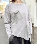 異素材 切替 アシンメトリー ヘム 長袖 カットソー 布帛 ポケット トップ