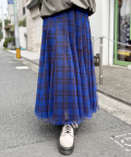 ブライト チェック プリント すっきり チュール ロング スカート