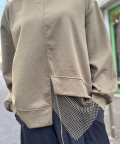 メッシュ 異素材 切替 アシンメトリー ヘム 長袖 カットソー トップ