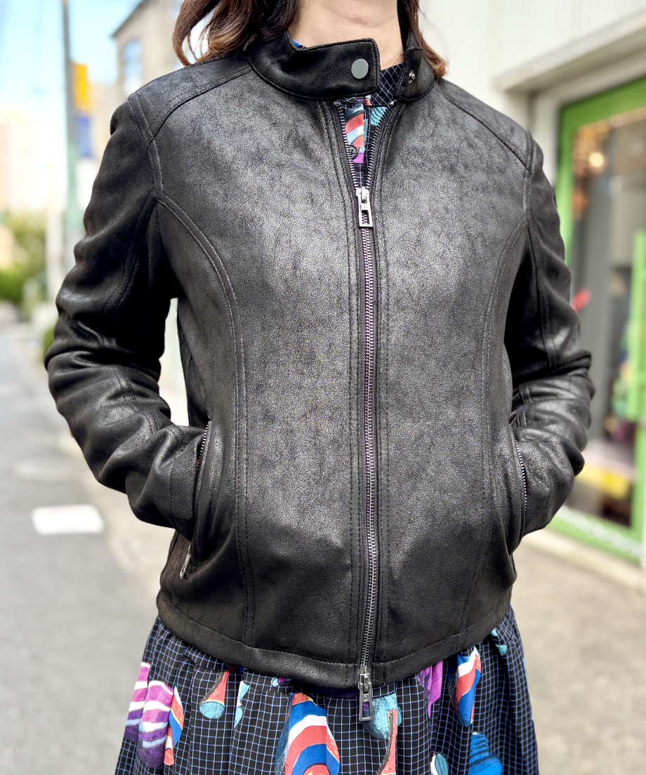 Desigual ニット リブ スリーブ エコレザー ライダース ジャケット ブルゾン