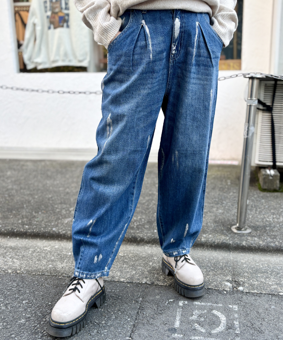 箔 ペイント プリント 裾切替 カーブ デニム パンツ