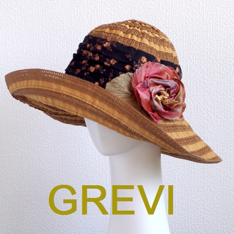 【グレヴィ GREVI  ハット】花　コサージュ付のブレードハット フラワー つば広 イタリア直輸入 UV帽子 紫外線防止 フィレンツェ＜GREVI ブレード 帽子 公式ショップ＞★送料無料