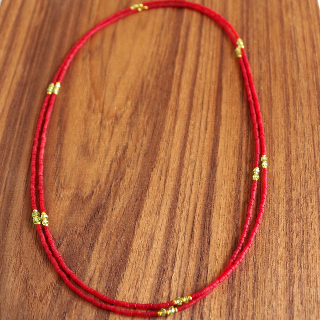 【レッド ガラスビーズ ロングネックレス】天然石のプチジュエリー レッドコーラル・ビーズ/パワーストーン・Peridot/ペリドット★メール便対応