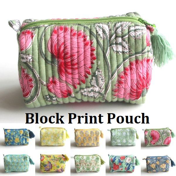 ポーチ ブロックプリント マチ付き キルティングポーチ Mサイズ インド綿 ハンドメイド 花柄 植物柄 ボタニカル コスメ ポーチ コットン 綿 100％  トラベルポーチ 化粧ポーチ 小物入れ レディース  BLOCK PRINT★メール便対応