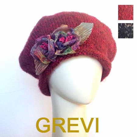 grevi ニット帽 ベレー グレヴィ ニット帽子 秋冬 冬 ニットキャップ フラワー付 ベレー帽 花 firenze イタリア 直輸入 ハット フィレンツェ★送料無料