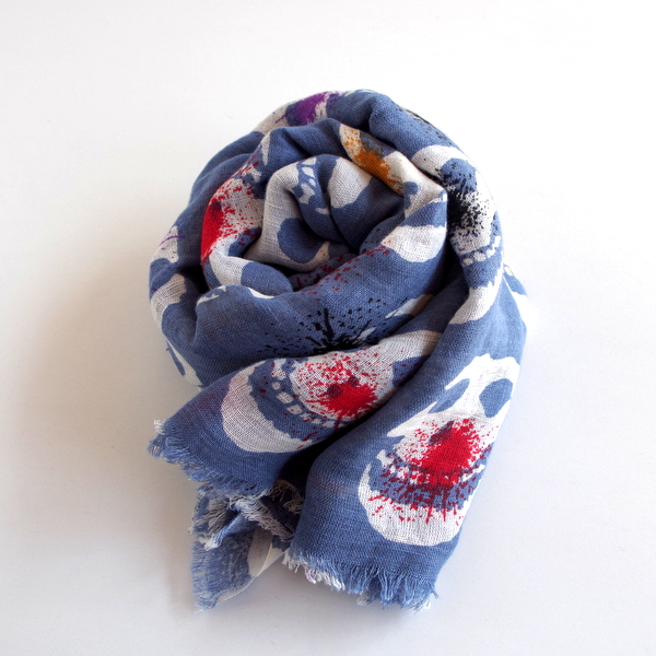 【YARNZ NEWYORK】ヤーンズ Skulls コットン50% リネン50%　麻 大判 ストール スカーフ Black Blue スカル ドクロ ガイコツ ヤーンツ★送料無料