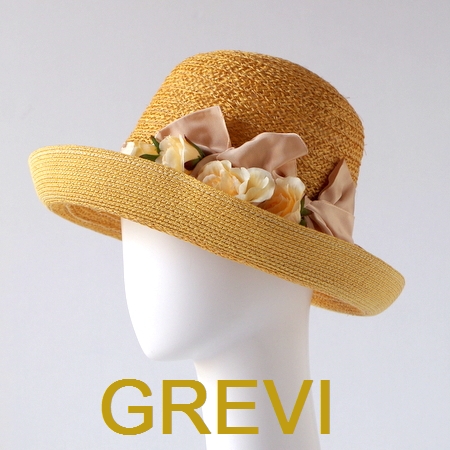 【grevi】ストローハット 花　バラ　リボン コサージュ フラワー グレヴィの麦わら帽子 イタリア直輸入ハット UV帽子 紫外線防止 フィレンツェ★送料無料