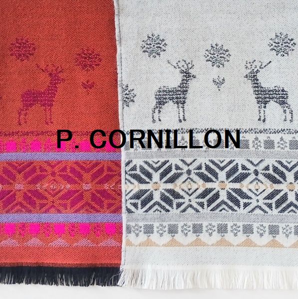 P.CORNILLON コルニヨン マフラー トナカイ ノルディック柄 動物柄 北欧風 かわいい レディース フリンジ ストール ブランド リバーシブル 秋冬 冬 フランス製 ウール アクリル カシミヤタッチ ジャガード レンガ オレンジ 赤 黒 ピンク 白 手洗い可能★メール便対応