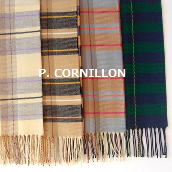 P Cornillon コルニヨン マフラー チェック柄 ボーダー ストライプ レディース メンズ ストール リバーシブル 秋冬 冬 フランス製 カシミヤタッチ ジャガード ホワイト シルバー グレーキャメル 専門店 通販ショップ メール便対応