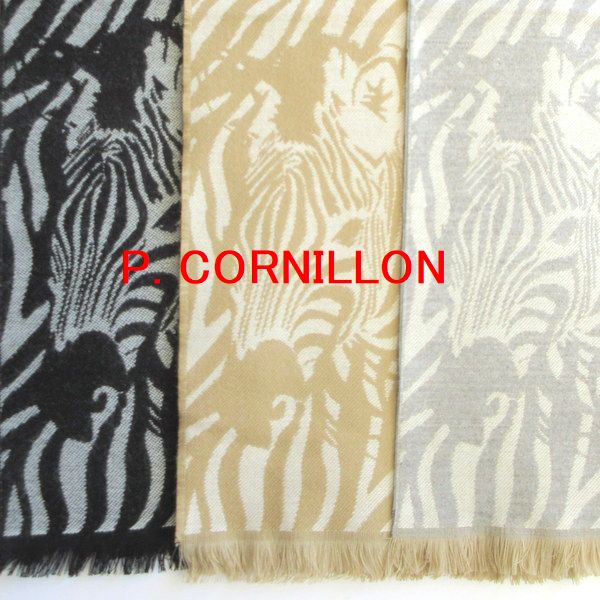 P.CORNILLON（コルニヨン）マフラー ゼブラ柄 アニマル柄 シマウマ 馬 ZEBRA メンズ レディース フリンジ ストール リバーシブル 秋冬 冬 フランス製 カシミヤタッチ ジャガード 白 ベージュ グレー 黒 手洗い可能★メール便対応