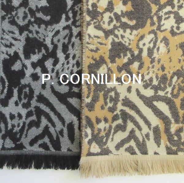 P.CORNILLON（コルニヨン）マフラー ヒョウ柄 アニマル柄 レオパード メンズ レディース フリンジ ストール リバーシブル 秋冬 冬 フランス製 カシミヤタッチ ジャガード 茶色 ブラウン キャメル ベージュ グレー 黒 手洗い可能★メール便対応