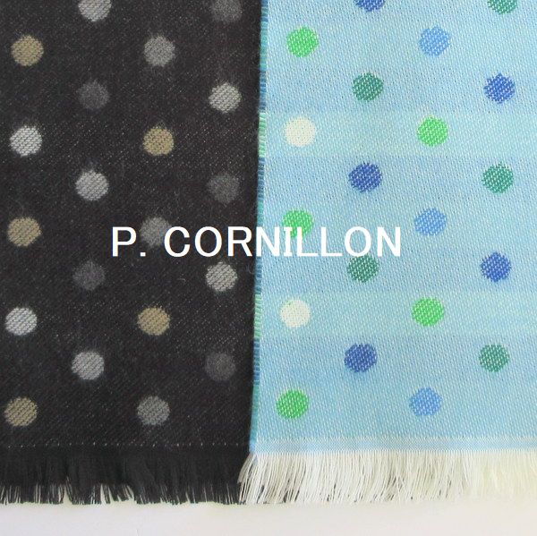 P.CORNILLON コルニヨン マフラー 秋冬 冬 水玉 ドット レディース メンズ フリンジ ストール ボーダー リバーシブル ブランド フランス製 カシミヤタッチ ジャガード 水色 緑 黒 手洗い可能★メール便対応