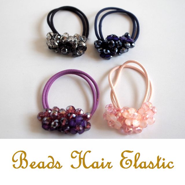 【ヘアアクセサリー】ヘアゴム・ビーズ/シンプル・結婚式・2次会/オフィス/花・ガラス/黒・紺・ピンク・パープル★メール便対応