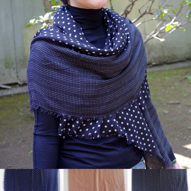 【大判 ストール】水玉　大・小のドット柄の大判ストール/ネイビー・ブラック・ホワイト・キャメルのドットストール★メール便対応