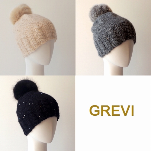 grevi  ボンボンニット グレヴィのニット帽子 秋冬 冬 ニットキャップ ポンポン付 ニット帽 ケーブル編み ベージュ グレー 黒 ポンポン firenze イタリア 直輸入 ハット フィレンツェ★送料無料