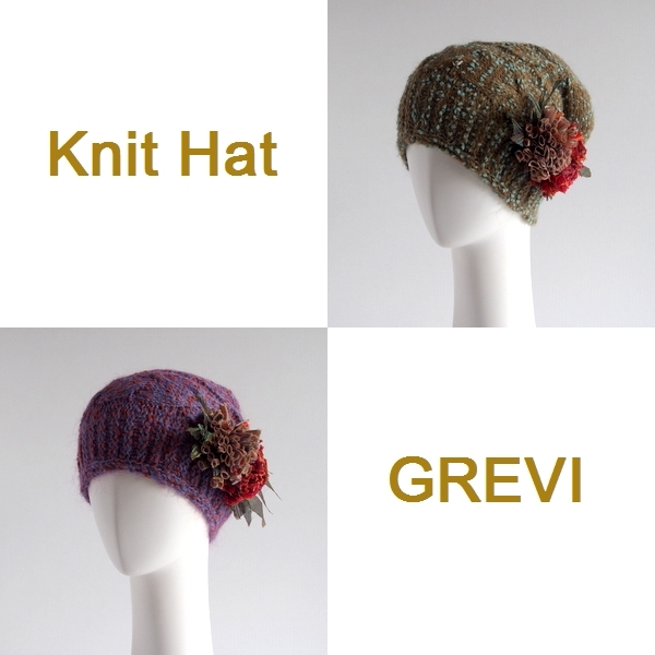 【grevi  ニット帽】グレヴィのニット帽子　ニットキャップ フラワー付  カーキ パープル 花 firenze イタリア 直輸入 ハット フィレンツェ★送料無料