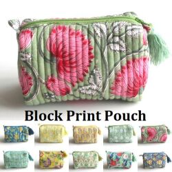 ポーチ ブロックプリント マチ付き キルティングポーチ Mサイズ インド綿 ハンドメイド 花柄 植物柄 ボタニカル コスメ ポーチ コットン 綿 100％  トラベルポーチ 化粧ポーチ 小物入れ レディース  BLOCK PRINT★メール便対応