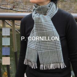 P.CORNILLON コルニヨン マフラー チェック柄 グレンチェック メンズ  レディース ストール リバーシブル 秋冬 冬 フランス製 ブランド ウール アクリル カシミヤタッチ ジャガード 黒 紺 ネイビー ブルー グレー キャメル カーキグリーン 手洗い可能★メール便対応