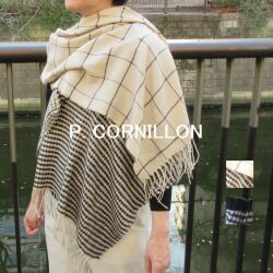 P.CORNILLON コルニヨン 大判 ストール チェック ストライプ かわいい レディース フリンジ  マフラー ブランド リバーシブル 秋冬 冬 フランス製 ショール アクリル カシミヤタッチ ジャガード ネイビー グレー ベージュ 白  紺色 手洗い可能★メール便対応