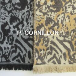 P.CORNILLON（コルニヨン）マフラー ヒョウ柄 アニマル柄 レオパード メンズ レディース フリンジ ストール リバーシブル 秋冬 冬 フランス製 カシミヤタッチ ジャガード 茶色 ブラウン キャメル ベージュ グレー 黒 手洗い可能★メール便対応