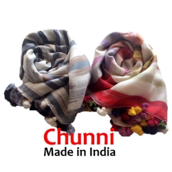 ポンポン ストール レディース コットン シルク ストライプ Chunni 春 春夏 夏 夏用ストール UV 紫外線 大判 スカーフ タッセル 大判ストール ポンポンストール★メール便対応