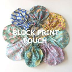 巾着 ポーチ バッグ 化粧ポーチ メイクポーチ 巾着型 コスメポーチ ブロックプリント かわいい 花 植物柄 ボタニカル 巾着ポーチ 小物入れ トラベルポーチ 木版染め  レディース  BLOCK PRINT インド製★メール便対応