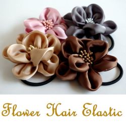 【ヘアアクセサリー】ヘアゴム・花/ハンドメイド/かわいい・結婚式・2次会/オフィス/フラワー/手作り/茶・キャメル・グレー・ピンク★メール便対応