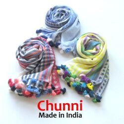 ポンポン ストール Chunni ポンポンストール ストライプ 綿100% コットン スカーフ 黄色 紺 赤 青 春 春夏 夏 夏用ストール＜CITRUS・Mattaで人気のタッセル＞★メール便対応
