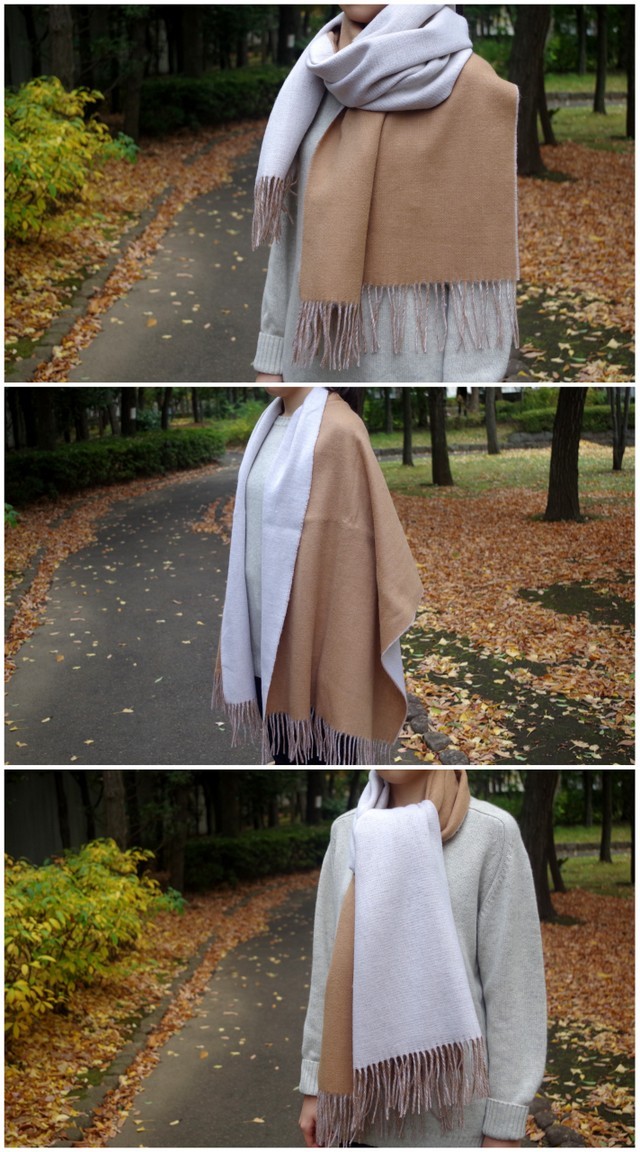 ウール100％ リバーシブル 大判 ストール 高品質 厚手 無地 大判