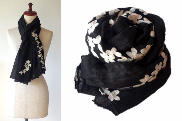 フラワー刺しゅう ストール 花モチーフの大判ストール ローズ 白