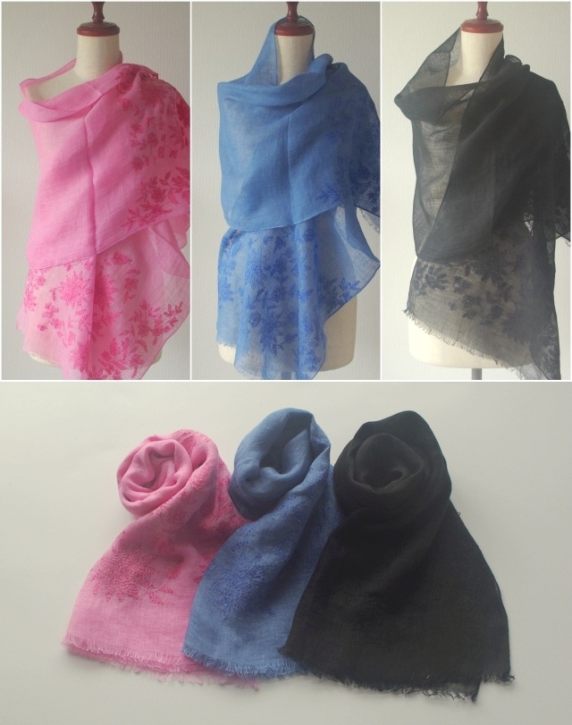 リネン ストール 大判 刺繍 春 春物 スカーフ 麻 花柄 Chunni 夏 春夏  