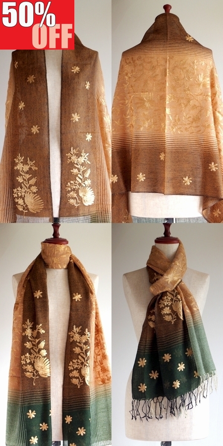 刺繍 ストール】大判 花ししゅうの大判ストール ウール100% ショール