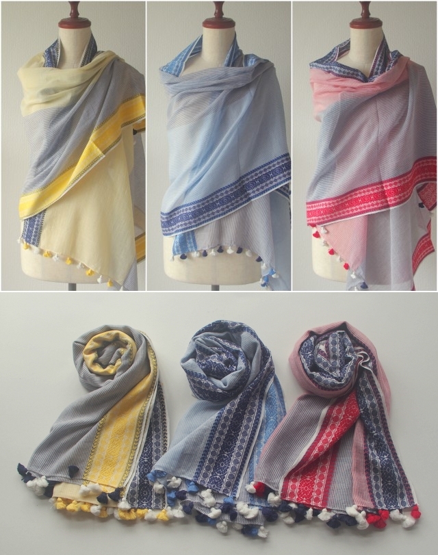 春 春夏 夏 夏用ストール ポンポンストール Chunni ストライプ 綿100  