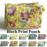 ポーチ ブロックプリント マチ付き キルティングポーチ 大容量 Lサイズ インド綿 ハンドメイド 花柄 植物柄 ボタニカル コスメ ポーチ 大きめ コットン 綿 100％  トラベルポーチ 化粧ポーチ 小物入れ レディース  BLOCK PRINT★メール便対応