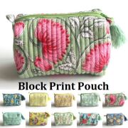 ポーチ ブロックプリント マチ付き キルティングポーチ Mサイズ インド綿 ハンドメイド 花柄 植物柄 ボタニカル コスメ ポーチ コットン 綿 100％  トラベルポーチ 化粧ポーチ 小物入れ レディース  BLOCK PRINT★メール便対応