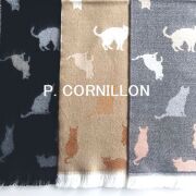 P.CORNILLON コルニヨン マフラー ウール 猫 キャット ネコ レディース メンズ ストールブランド  アニマル柄 リバーシブル 秋冬 冬 フランス製 動物柄 カシミヤタッチ ジャガード  ベージュ グレー ブラック 黒 手洗い可能★メール便対応