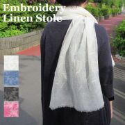 リネン ストール 大判 刺繍 春 春物 スカーフ 麻 花柄 Chunni 夏 春夏 UV UVカット 紫外線 麻 100% 白 黒 ガーゼ 花 夏用ストール レディース★メール便対応